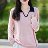 Otoño Temprano 2025 Nuevo Tejido de Lana Fina con Cuello Chal de Manga Larga para Mujer con Bloques de Color Suelto Suéter Camisa Base Superior