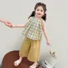 Conjunto de Verano sin Mangas para Niñas 2026 Nueva Moda Cuadros Muñeca Camisa para Niños, Conjunto Delgado de Dos Piezas de Verano para Bebés