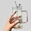 Taza Cuadrada Gruesa de Vidrio de Borosilicato con Tapa Asa de Paja Vaso de Agua Resistente a Altas Temperaturas Estilo Ins Taza de Jugo para Niñas