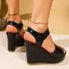 Sandálias de Salto Plataforma Moda Europeia e Americana Boca de Peixe 2025 Verão Novos Sapatos Femininos Atacado Transfronteiriço Preto Bico Aberto Salto Alto