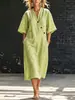 Vestido Largo Casual de Algodón y Lino con Cuello en V, Botones, Mangas Cortas y Bolsillos - Estilo Europeo y Americano Transfronterizo TikTok Primavera/Verano 2026