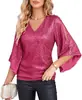 Amazon Transfronterizo Top de Mujer Holgado con Cuello en V Lentejuelas Mangas de Campana Nuevo Moda Casual Tendencia Camiseta Estilo Vacacional