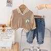 Meninos Bonito Terno de Manga Comprida 2024 Novo Outono Infantil Casual Estilo Ocidental Dinossauro Colete Conjunto de Três Peças Bebê Na Moda