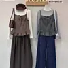 Conjunto de Dos Piezas Ruoxin Otoño Nueva Llegada Top sin Mangas de Cuadros con Tirantes de Volantes + Camisa Pequeña