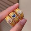 Anel Largo Vintage Escovado com Contas para Mulheres com Diamantes Brilhantes, Anel Aberto Ajustável Estilo Corte Aberto