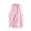 Conjunto Europeu e Americano Transfronteiriço de Blusa e Calça Casual de Verão Europeia para Mulheres com Listras Plissadas Decoração de Fivela Transfronteiriça Gola Dupla Novo Estilo
