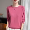 Top de punto fino de manga media con cuello redondo, de primera línea transfronterizo, listo para usar, primavera-verano, para mujer, camiseta corta holgada de manga raglán con corte
