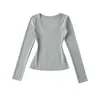 Camiseta Básica Versátil de Manga Larga a la Moda con Cintura de Reloj de Arena y Cuello en U, Top Base Sexy Adelgazante para Mujer