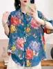 Camisa de Lino con Estampado Floral Pequeño Estilo Retro Artístico de Manga Media, Top Casual Holgado Elegante para Mujer