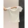 Camiseta Feminina de Verão Slim-Fit com Decote em U, Manga Curta e Acabamento em Renda, Camada Interna Franzida com Laço Estilo Puro Desejo