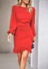 Ropa de Mujer de Comercio Exterior Europea y Americana Nueva Primavera y Otoño Estación Independiente de Amazon Vestido de Color Sólido con Mangas Abullonadas que Cubre la Cadera