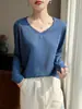 Nueva Camiseta de Manga Larga con Cuello en V para Mujer, Top Delgado, Sencillo y Versátil, Color Sólido, Holgado, Camiseta Básica de Punto Sencilla