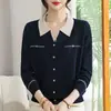 Suéter de tricô de alta qualidade para mulheres de meia-idade e idosas, novo estilo outono/inverno, de manga comprida, com gola, adequado para mães de meia-idade