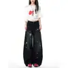 Jeans Retro con Estampado de Estrellas Negro y Gris Diseño de Otoño para Mujer Calle Alta Americano Sueltos Caída Pantalones de Pierna Ancha