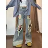 Jeans rasgados de estilo high street americano para mulheres, novas calças de verão vintage de cintura alta retas largas que emagrecem com pernas largas