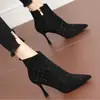 Botines de Cuña con Cuadros de Pedrería Estilo Coreano para Mujer 2026 Otoño/Invierno Nuevos Sexy Versátiles con Forro de Terciopelo Tacón de Aguja Punta Fina Botas de Moda