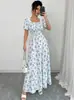 Vestido Midi Cuadrado de Hojas Negras y Blancas Estilo Europeo y Americano 2026 con Cordón en el Pecho, Ajuste en la Cintura, Mangas Cortas y Dobladillo Acampanado