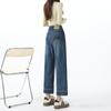 Laranja Infantil # Jeans Reto Bordado para Mulheres Petite, Cintura Alta, Elástico, Emagrecimento, Alongamento da Silhueta, Calça Cropped Fashion.