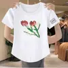 Top de verano para mujer, manga corta, estampado, corte slim, hombros rectos, imitación algodón, camiseta básica estilo europeo, artículo popular nuevo 2024