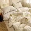 Juego de Cama de Cuatro Piezas de Algodón Puro Seersucker de Color Sólido con Borde de Concha, Funda Nórdica, Sábana, Juego de Tres Piezas de Algodón Puro de Primavera y Verano para Dormitorio Crema