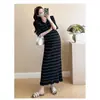 Vestido Polo de Hielo con Rayas de Bloques de Color Estilo Pequeño Chanel de Temperamento Coreano Vestido Maxi de Playa Estilo Mori Japonés para Dama Europea y Americana