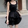 Vestido Negro con Volantes y Tirantes para Mujer, Falda Corta sin Mangas de Verano, Elegante Falda Tutú de Pastel, Falda Negra Pequeña Oscura