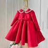 Vestido Tesouro Feminino de Um Ano Novo Gola Boneca Flor Vermelha Menina Vestido Vermelho Pequeno Manga Longa Feminino Cetim Aniversário Vestido Princesa
