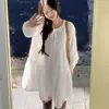 Coreia do Sul 2026 Outono Novo Estilo Sal Puro Estilo Puro Cadarço Plissado Vestido Camisa Branco Feminino 16453