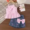 Conjunto de verano infantil transfronterizo para vacaciones en la playa, con top tipo camisola y pantalón falda con lazo, dulce y lindo, en stock