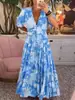 Novo Vestido Floral Elástico com Decote V Estilo Fada Plus Size para Férias na Praia, Vestido Longo Soltinho de Praia 2024