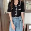 Verano Nuevo Transfronterizo Seda de Hielo Color de Contraste Pequeño Fragante Tejido de Punto Polo Manga Corta para Mujer Cardigan de Verano Protección Solar Top Delgado