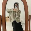 Cárdigan de Punto con Capucha y Raya Roja de Contraste para Mujer Otoño Invierno Nuevo Estilo Holgado Perezoso Abrigo Suéter Estudiante