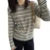 Un imprescindible para todos: Camiseta de manga larga a rayas elástica con textura vintage, rayas de color contrastante, cuello redondo, capa base de otoño para mujer