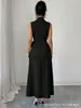 Vestido Largo Negro de Verano 2026 con Solapa, sin Mangas, Cintura Ceñida con Cinturón, para Viajes