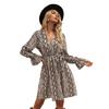 Amazon Primavera y Verano Nuevo Vestido Leopardo Cuello en V Cintura Ajustada Estampado Serpiente Vestido de Moda con Cinturón Mujer en stock