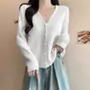 Suéter de Punto para Mujer, Primavera y Otoño, Estilo Coreano, Nuevo Cuello en V, Color Sólido, de Botones, Suéter Cardigan de Punto Moderno y Fresco para Mujer