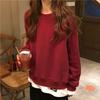 Año Nuevo 2024 Rojo Más Fácil para Combinar Sudadera Falsa de Dos Piezas Estilo Celebridad de Internet Estudiante Femenina Color Sólido Casual Cuello Redondo Jersey Rojo