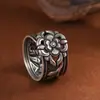 Anillo Ajustable Ancho Estilo Vintage de Plata Pura Rey Ciervo Dorado Impreso para Mujeres, Nueva Joyería Antigua de Plata