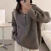 Suéter Feminino de Gola Alta com Meio Zíper Outono e Inverno Novo Design Estilo Coreano Pulôver Solto Suave Pegajoso Cor Sólida Top Suéter