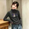 Camiseta de Manga Larga de Felpa para Niñas Ropa Infantil Versátil Otoño/Invierno Nuevo Estilo Niños Medianos y Grandes Cuello Semialto Camiseta Interior Rayada