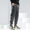 Calça Jeans Preta de Outono para Homens, Corte Solto, Com Barra Dobrada, Casual, Tamanho Grande, Cintura Elástica, Calça Tendência, Forrada com Lã e Espessa, Estilo Outono e Inverno