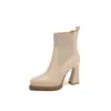 Botines de punto de cuero patchwork para mujer con tacones gruesos, nuevos botines calcetín de tobillo de punta con tacón alto para otoño e invierno