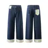 Calça Jeans Patchwork Xadrez com Punho Estilo Americano 2025 para Homens e Mulheres, Xadrez Color Block Emagrecedor Tendência Wide Leg Comprimento Total