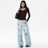Pantalones Anchos No Elásticos Estampado de Pintura Rota Azul Claro Pantalones Largos Azul Claro Pantalones Extendidos de Polipropileno Pantalones de Media Pierna Correas Cruzadas