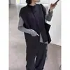 Cardigã sem mangas de tricô 100% lã feminina com gola semi-alta, bolsos com botões e design de colete para outono e inverno