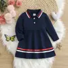 Vestido tipo polo de manga larga estilo universitario para niños, Vestido de línea A a rayas color block con cuello camisero para bebé niña, Ropa de otoño para niños