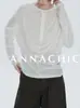 Camiseta/blusa base de manga larga para mujer con plisado tridimensional artístico y cuello Henry, holgada y agradable para la piel
