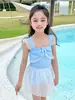 Maiô Infantil para Meninas, Estilo Peça Única com Saia, Esportivo e Casual, Saia Bolha para Crianças em Idade Escolar, Saia de Banho para Resort e Águas Termais Atacado com Mangas Bufantes