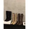 Botas de montar de caña media para mujer, de gamuza, color caqui, con suela gruesa, colección otoño/invierno 2025, efecto adelgazante, botas largas