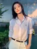 Top con Logo Bordado Ralph Lauren para Mujer, Otoño Delgado Lino Blanco Manga Larga Casual Holgado Nicho Protección Solar Camisa